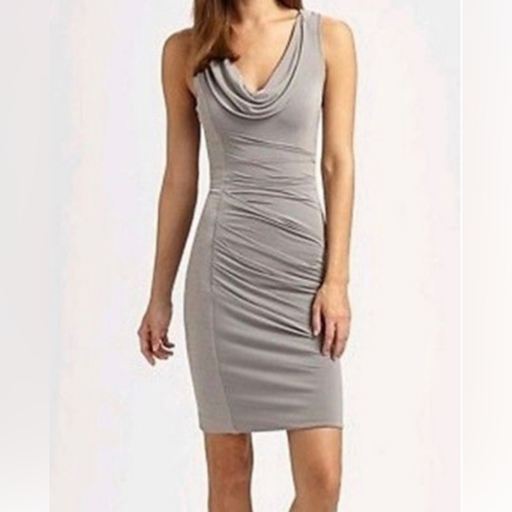 NWT. BCBG Maxazria.  Beautiful cowl neck draped dress.  Color dove.